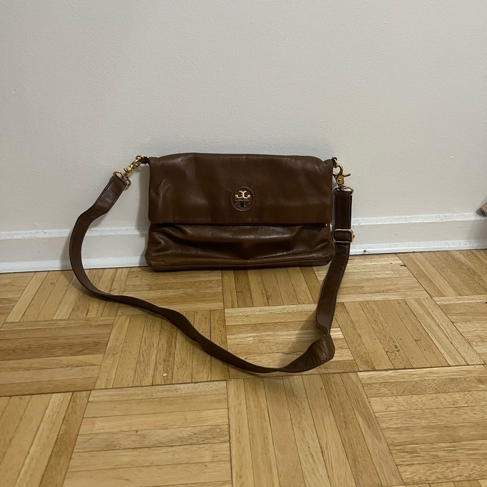 Tory Burch Brown Leather Crossbody Bag with Flap Closure